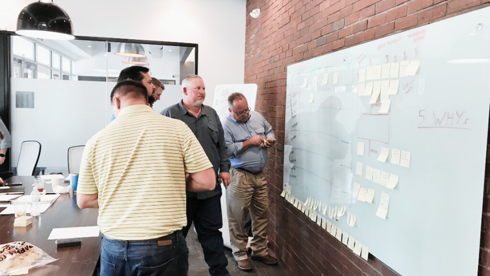 Leadership team separating observed evidence from assumptions during a problem-definition session.